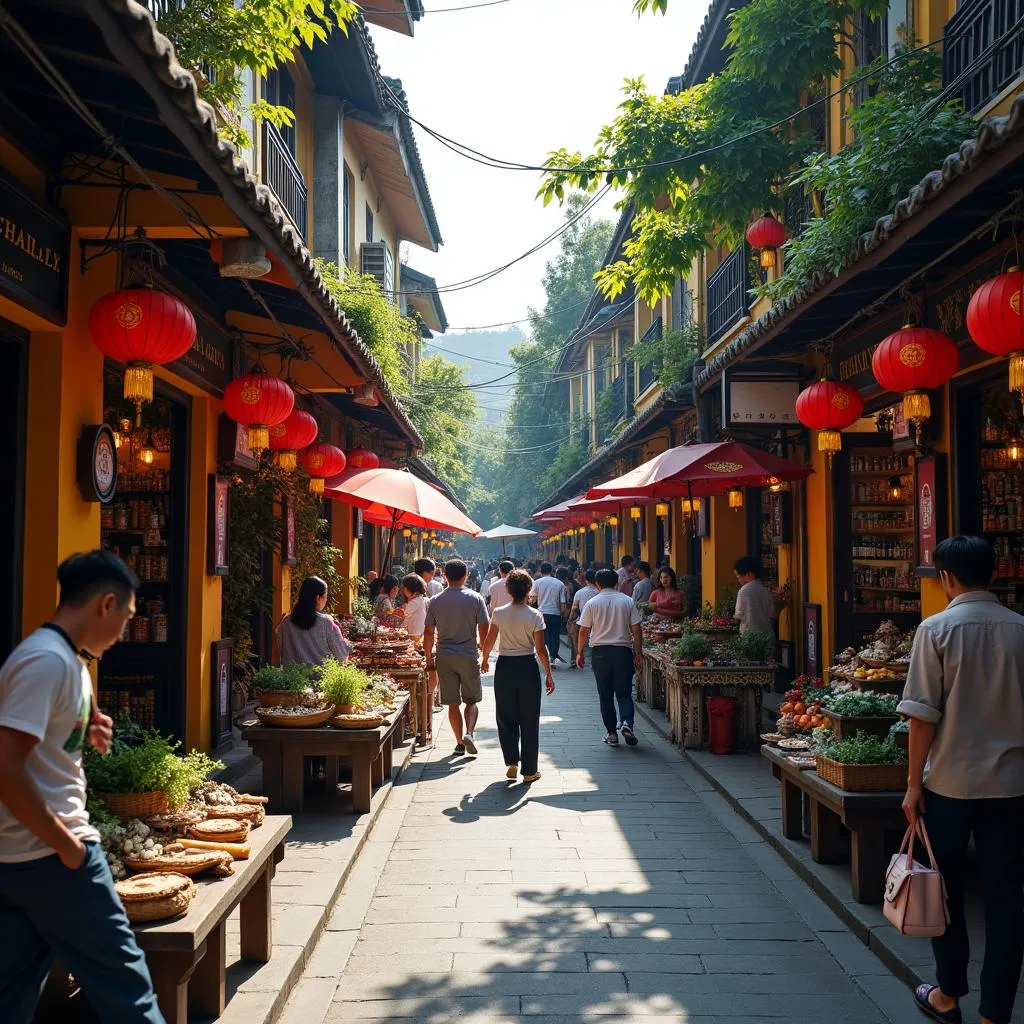 Busy street scene in Hanoi's Old Quarter with traditional architecture