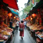 Hanoi Old Quarter street vendors selling souvenirs and local crafts