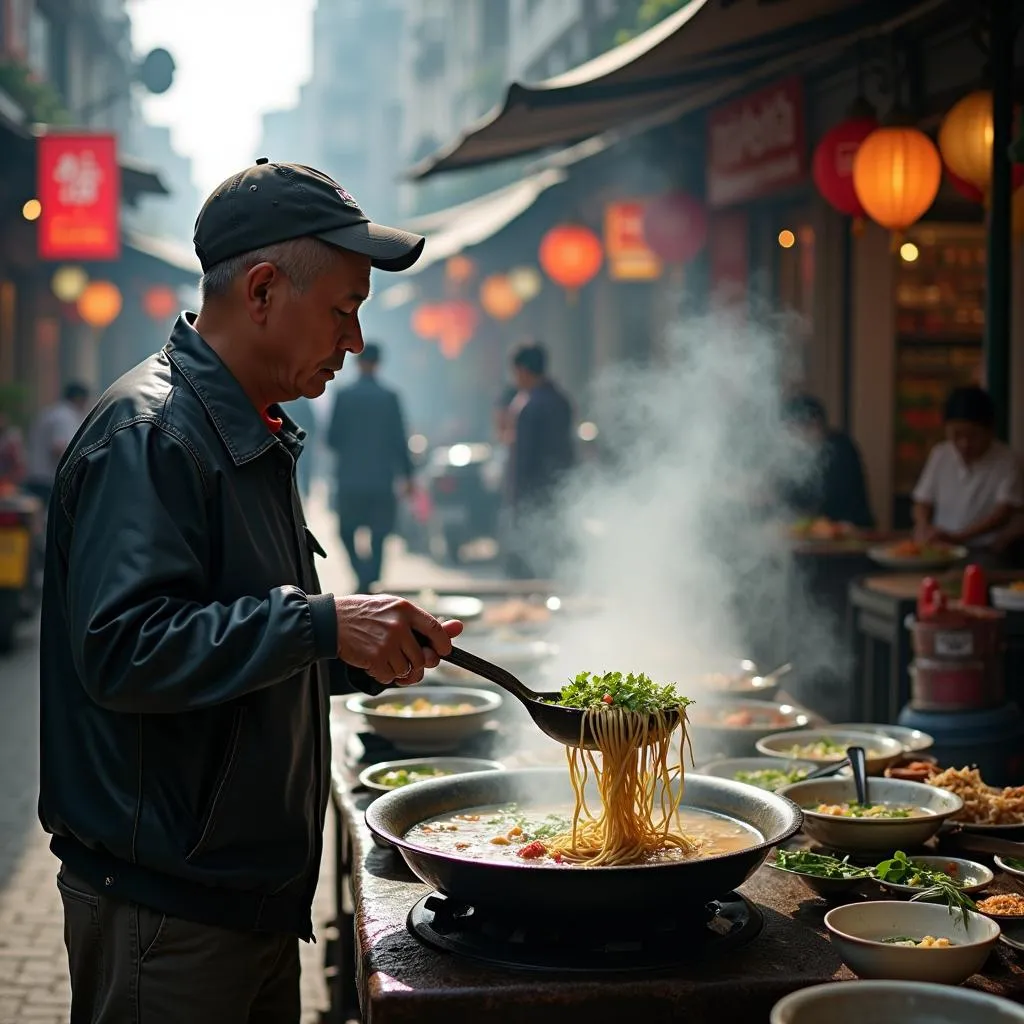 Hanoi street food vendor serving a bowl of pho