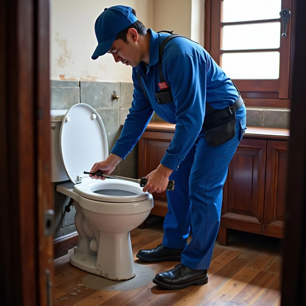 Plumber fixing a clogged toilet in a Hanoi guesthouse