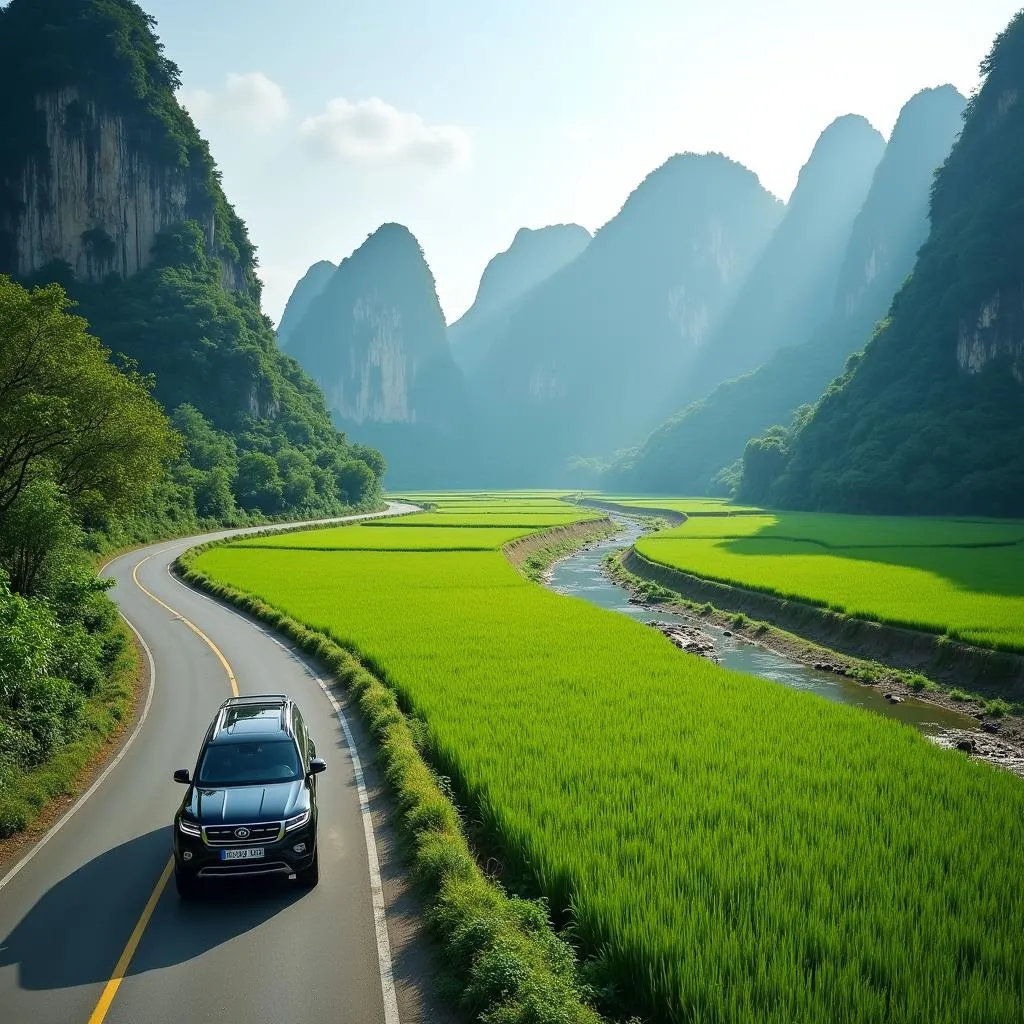 Hanoi private car winding through lush green rice paddies in Ninh Binh