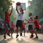 Locals playing basketball on a public court in Hanoi