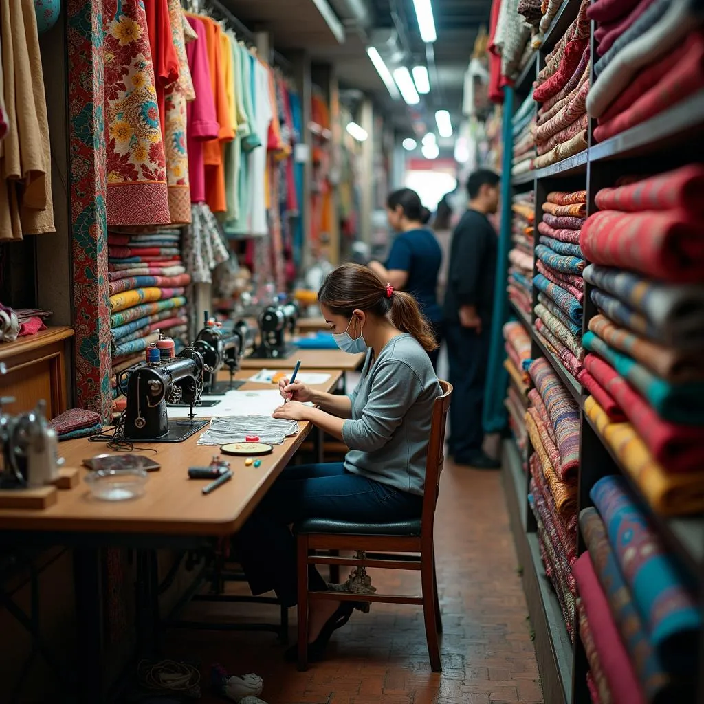 A tailor works diligently in their shop on Hanoi's Silk Street