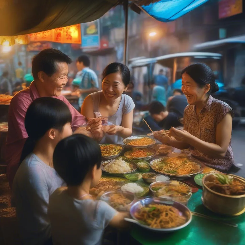 Family enjoying street food in Hanoi