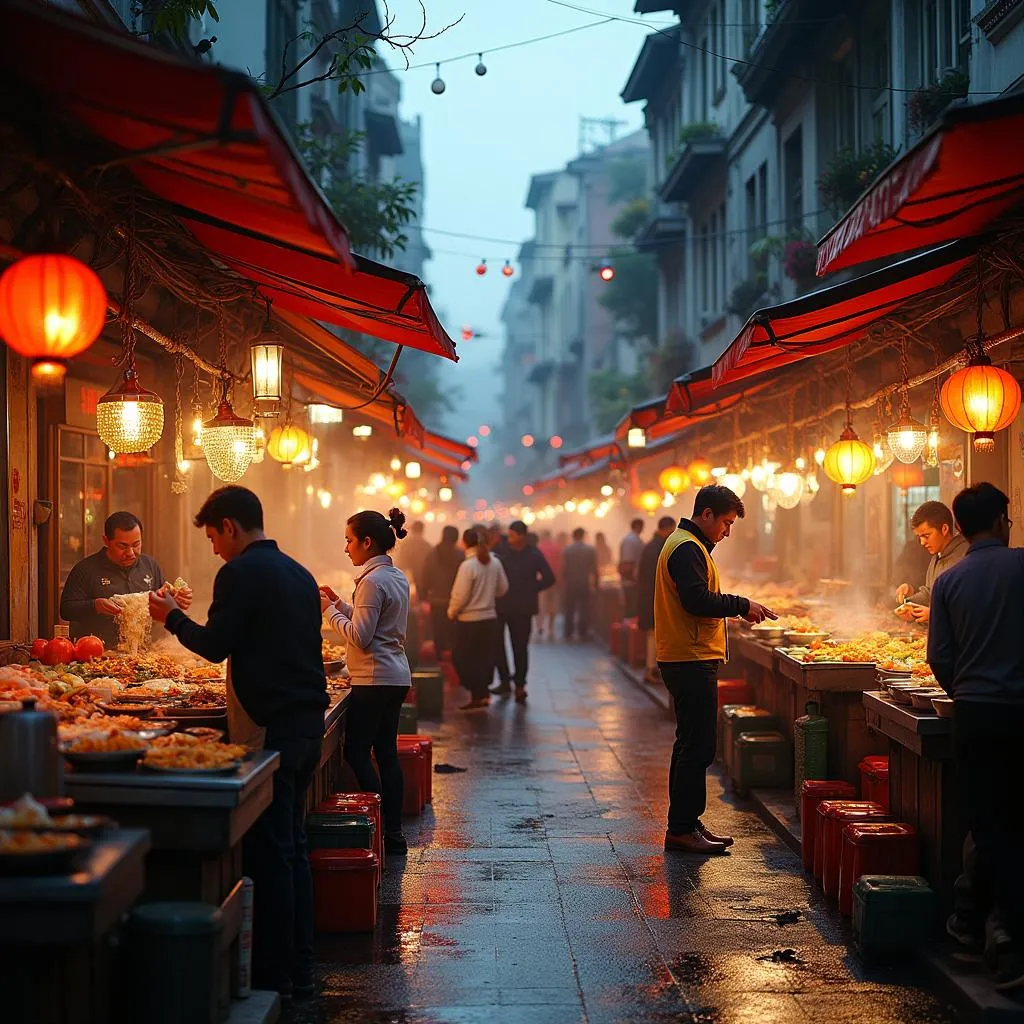 A bustling street food scene in Hanoi's Old Quarter