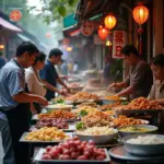 Bustling street food scene in Hanoi