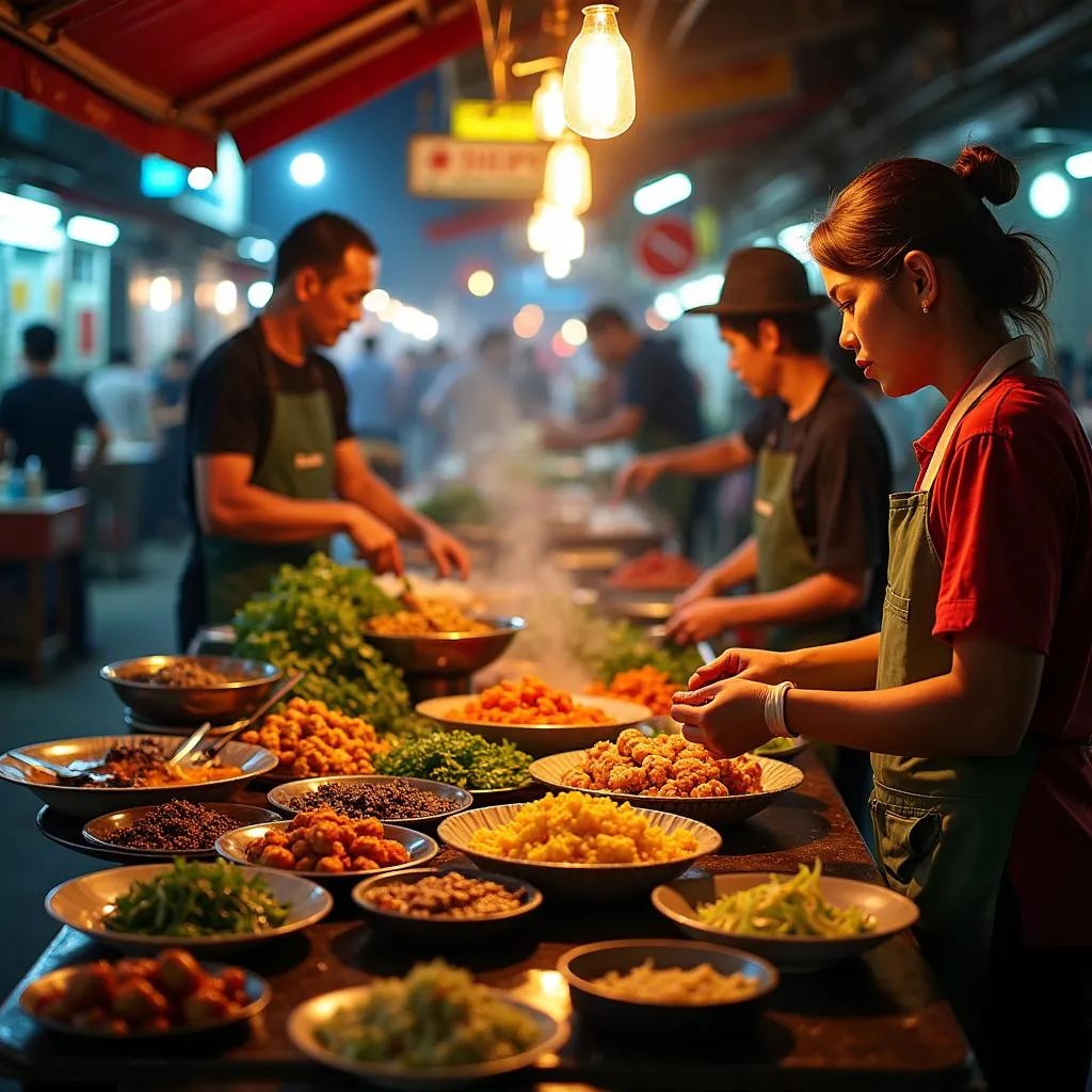 Hanoi street food vendors preparing dishes