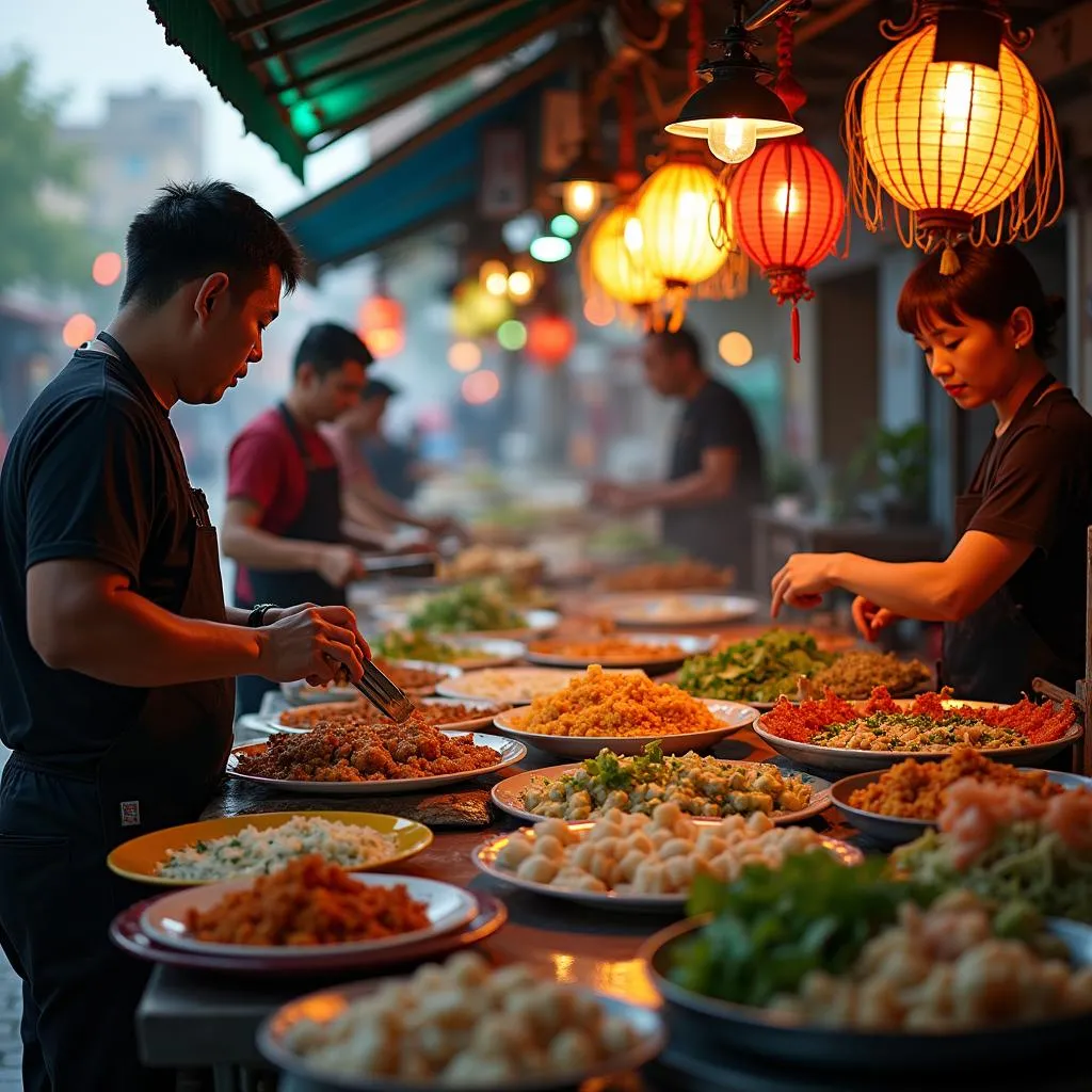 Hanoi street food vendors preparing dishes