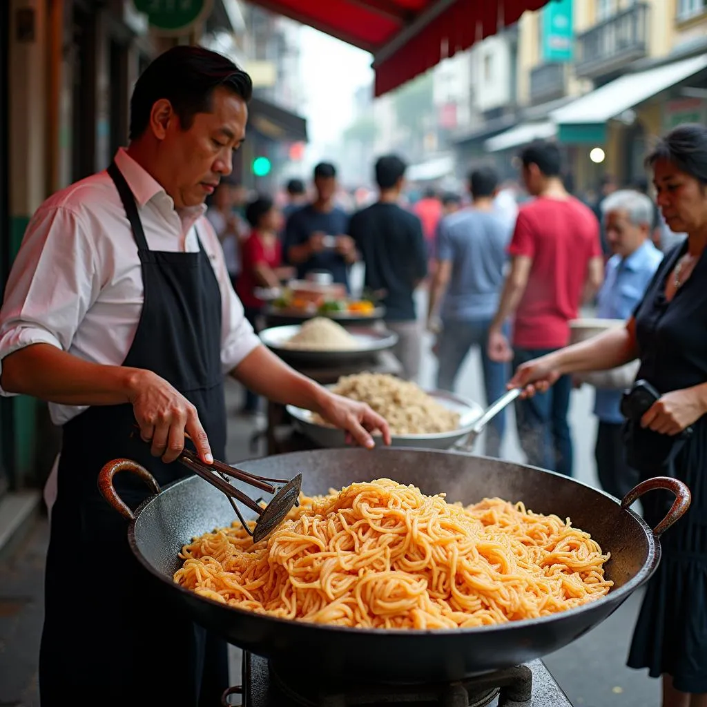 Street vendor preparing Banh Ran in Hanoi