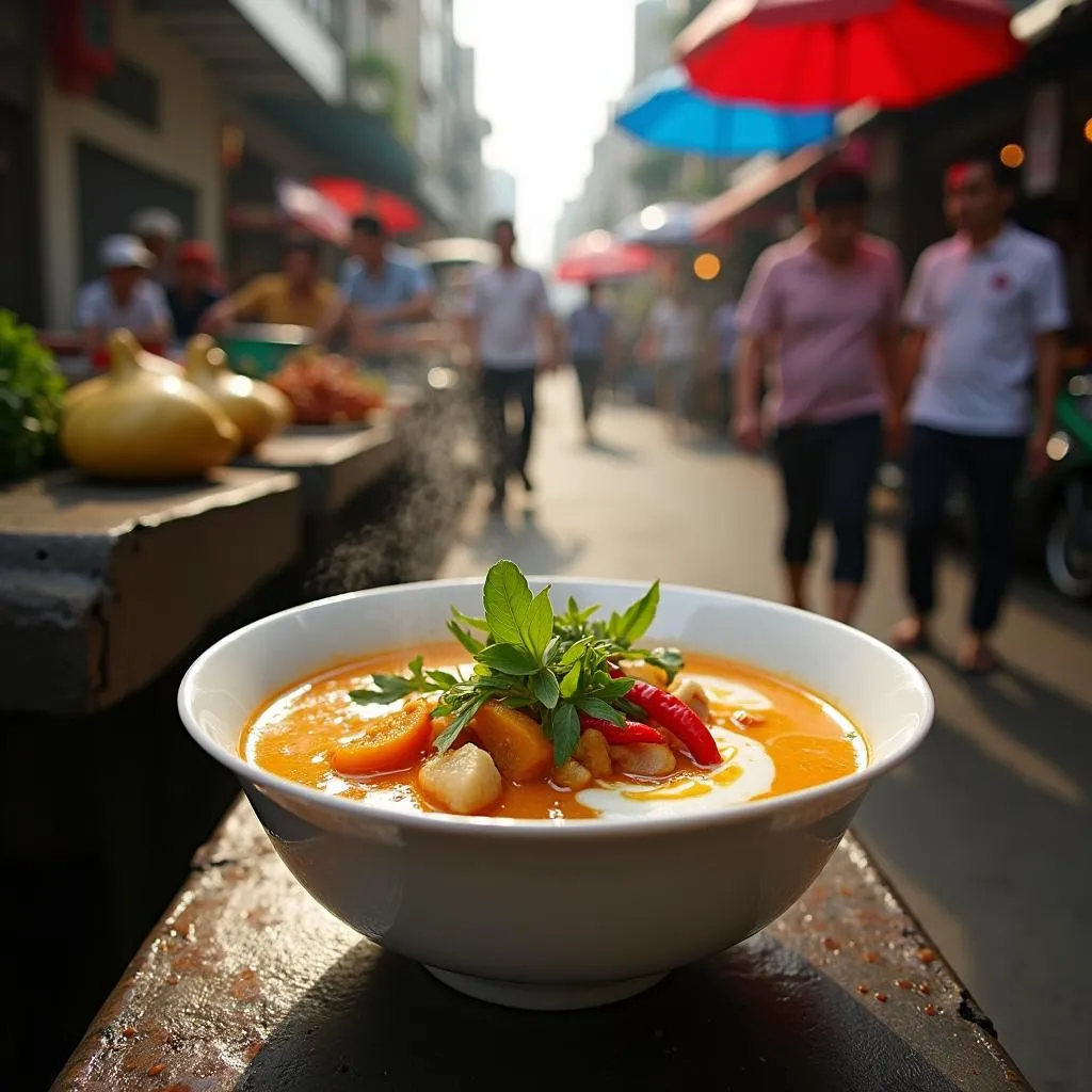 A steaming bowl of Vietnamese coconut curry with fresh herbs