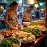 Hanoi street food with diabetes-friendly choices like fresh spring rolls, grilled meats, and vegetable-heavy dishes