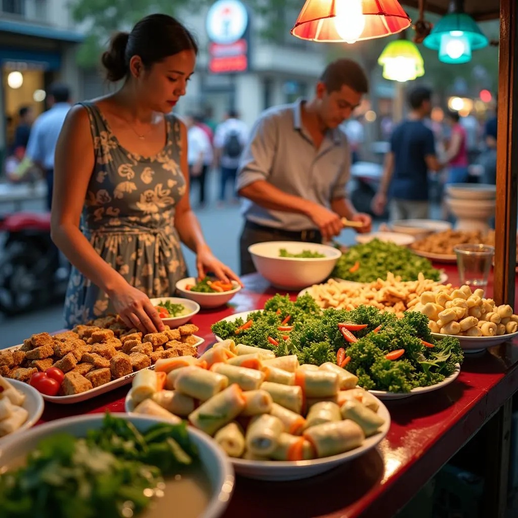 Hanoi street food with diabetes-friendly choices like fresh spring rolls, grilled meats, and vegetable-heavy dishes