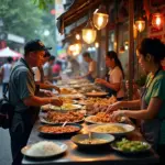 Hanoi street food market bustling with life