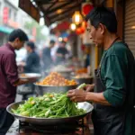 Hanoi street food stall selling morning glory