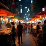 Hanoi street food night market bustling with people