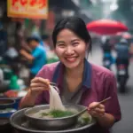 Woman enjoying a bowl of pho in Hanoi