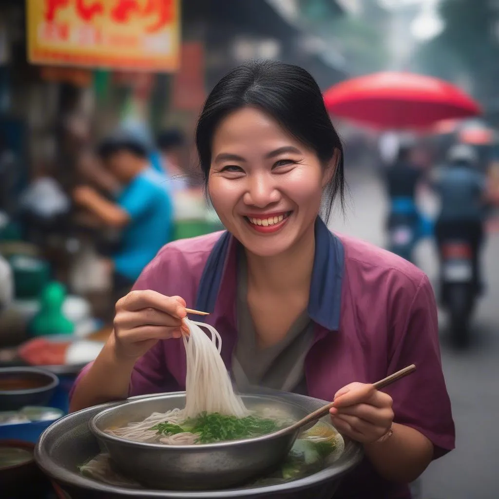 Woman enjoying a bowl of pho in Hanoi