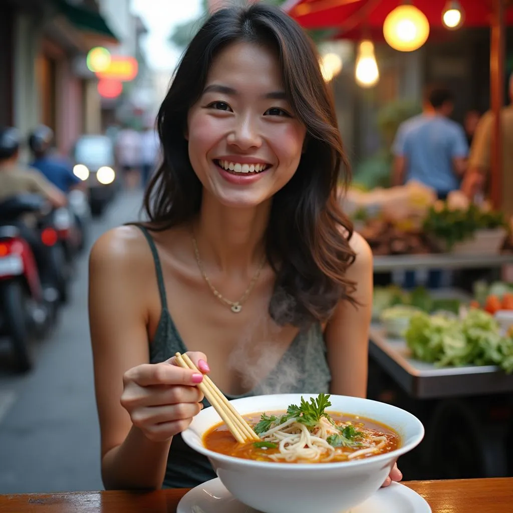 Woman enjoying a bowl of pho on a Hanoi sidewalk