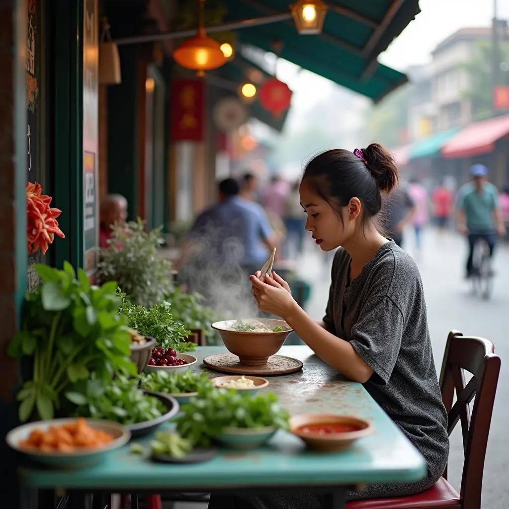 Woman enjoying a bowl of Pho Ga in Hanoi