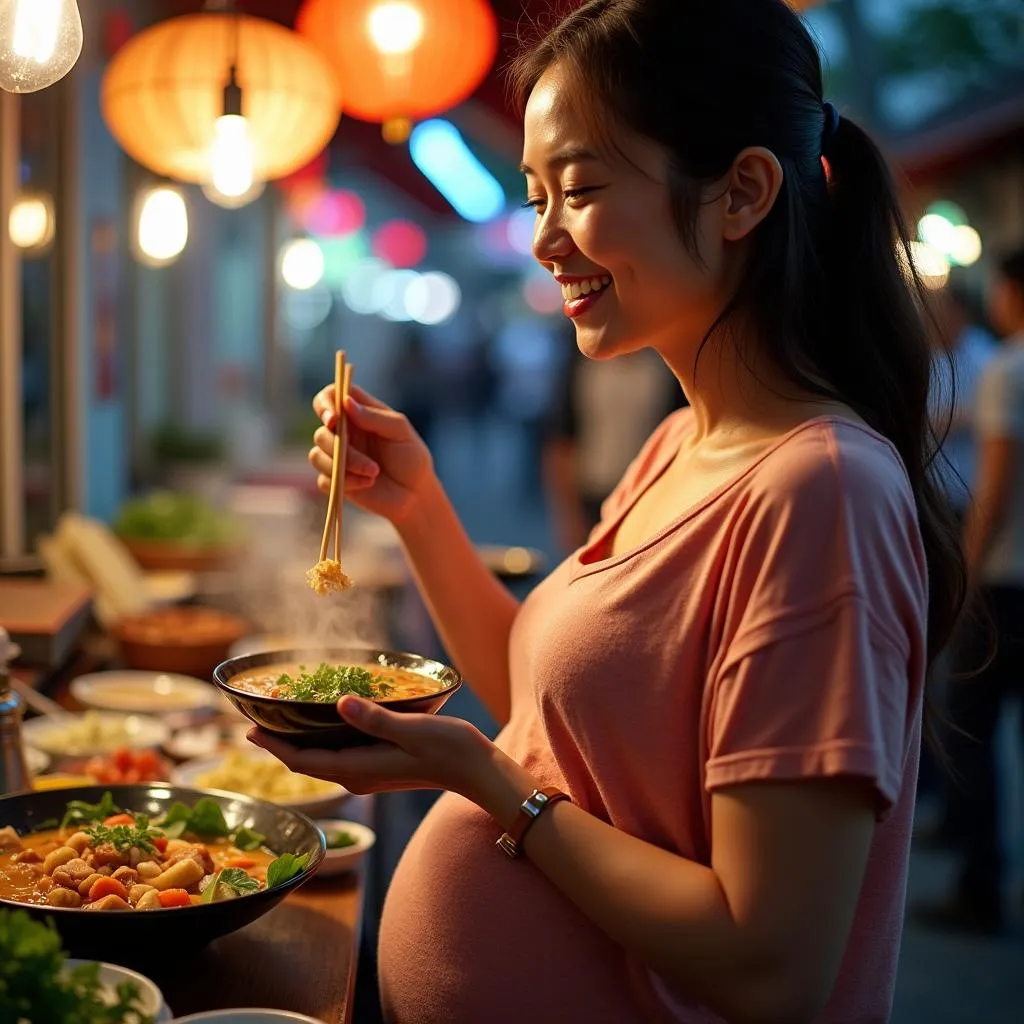 Pregnant Woman Enjoying Hanoi Street Food