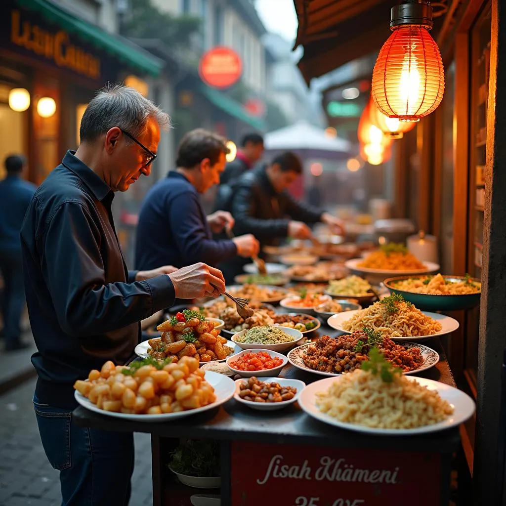 Busy street food scene in Hanoi's Old Quarter