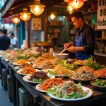 Hanoi street food stall with colorful dishes