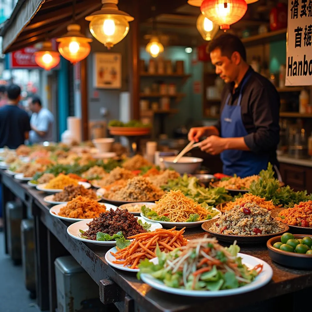 Hanoi street food stall with colorful dishes