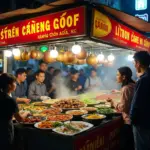 Hanoi street food stall bustling with locals and tourists