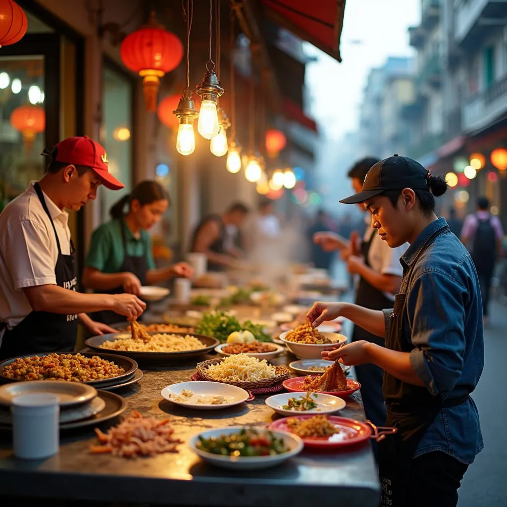 Hanoi street food stall with colorful ingredients and locals enjoying their meals