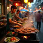 Hanoi street food stall preparing pig liver dish