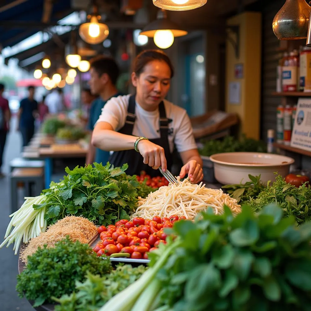 Hanoi Street Food Stall with Fresh Herbs