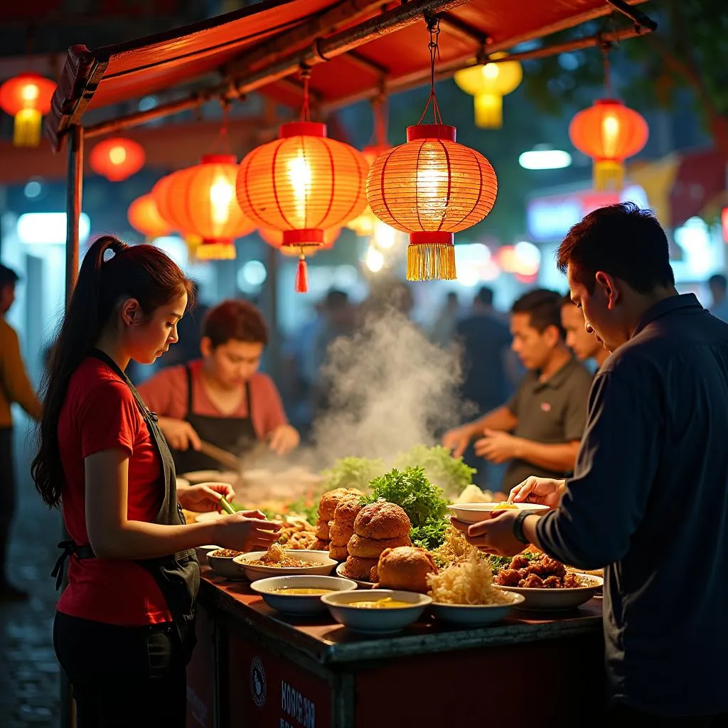 Lively street food stall in Hanoi teeming with locals