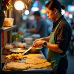 Hanoi street food stall with a vendor preparing banh xeo