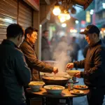 Hanoi street food stall with steaming bowls of cháo