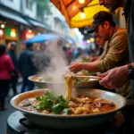 Hanoi street food stall with people enjoying a bowl of steaming pho