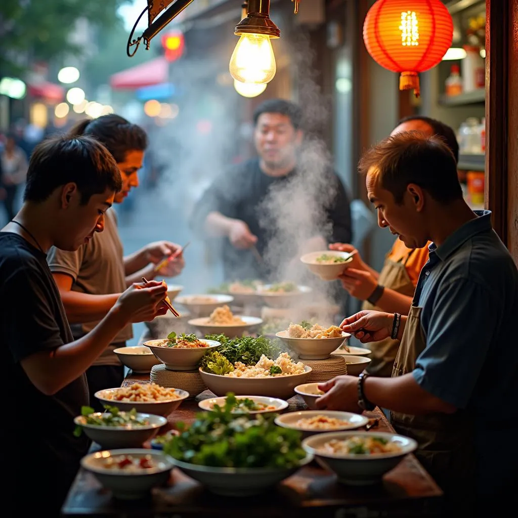 Hanoi street food stall with locals enjoying Pho