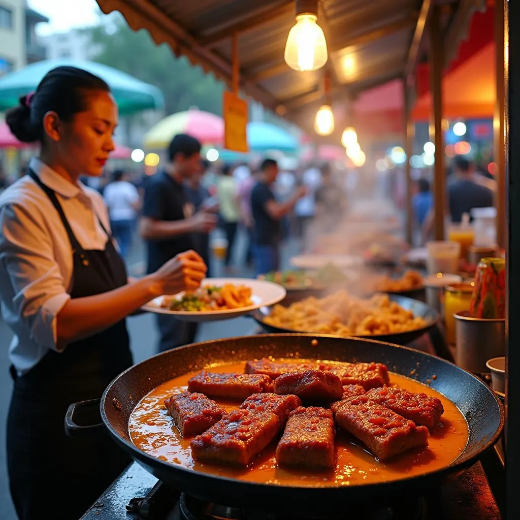 Hanoi street food stall serving sweet and sour ribs