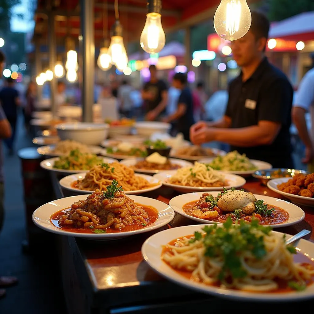 Hanoi street food stall selling dishes with rong kinh