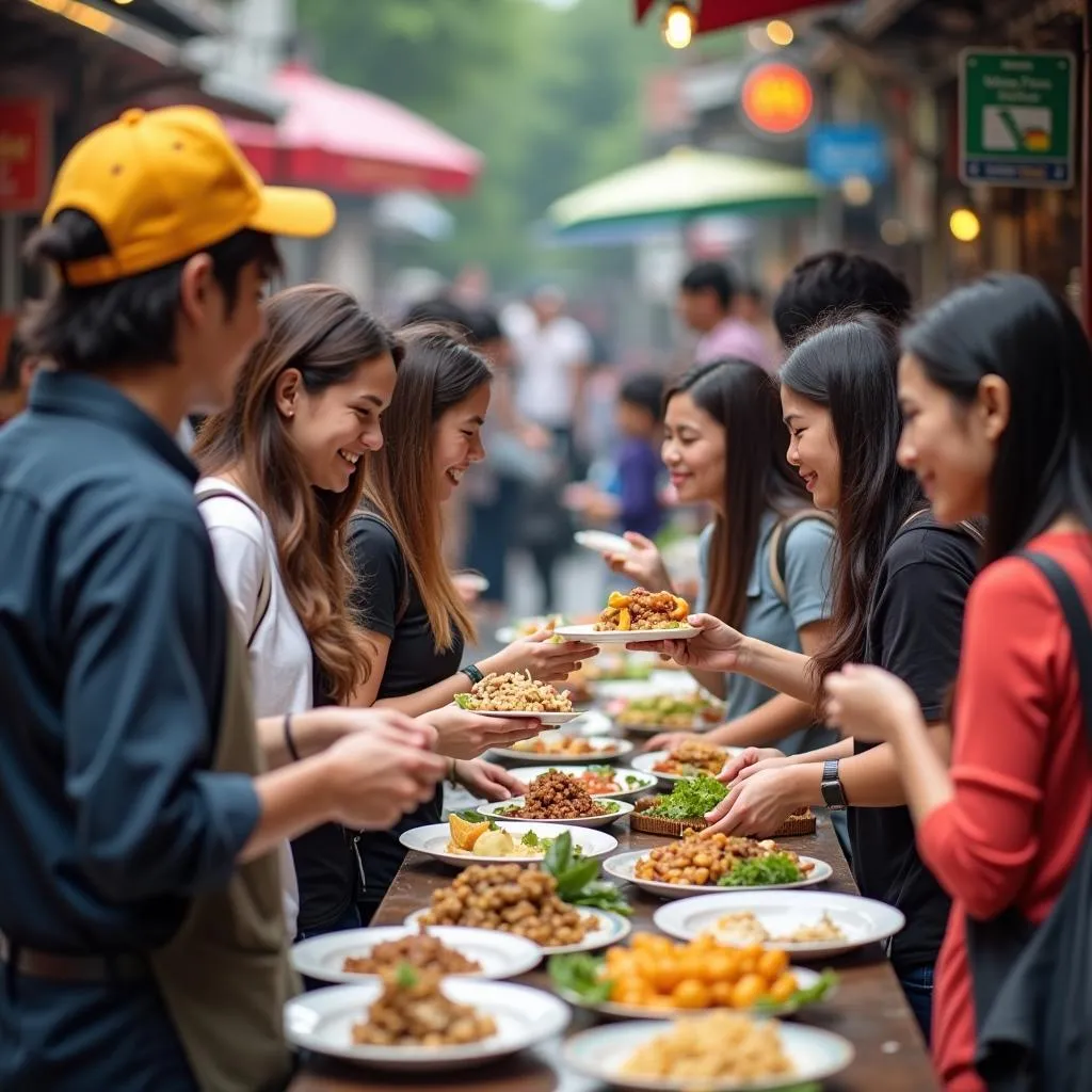 Group of tourists enjoying a street food tour in Hanoi