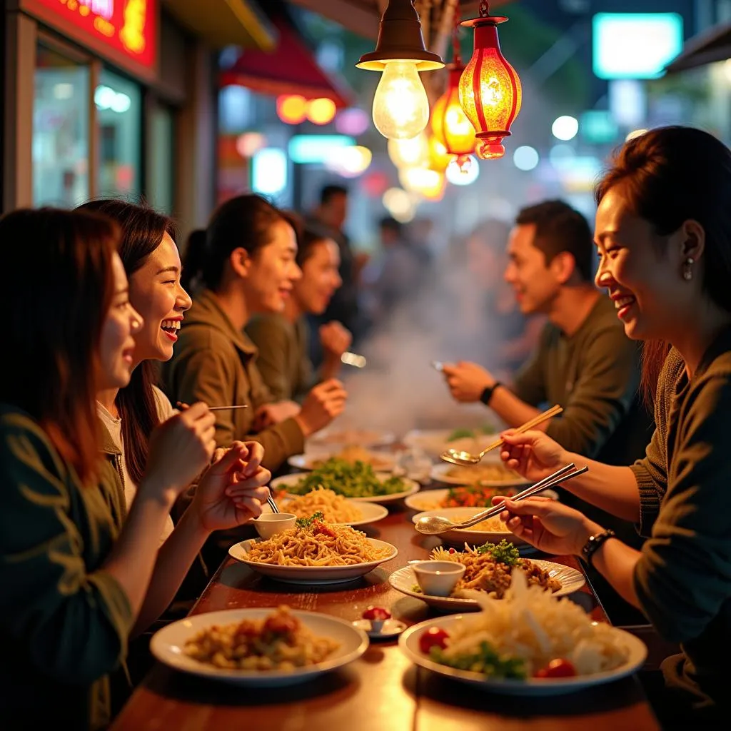 Tourists enjoying Vietnamese street food in Hanoi