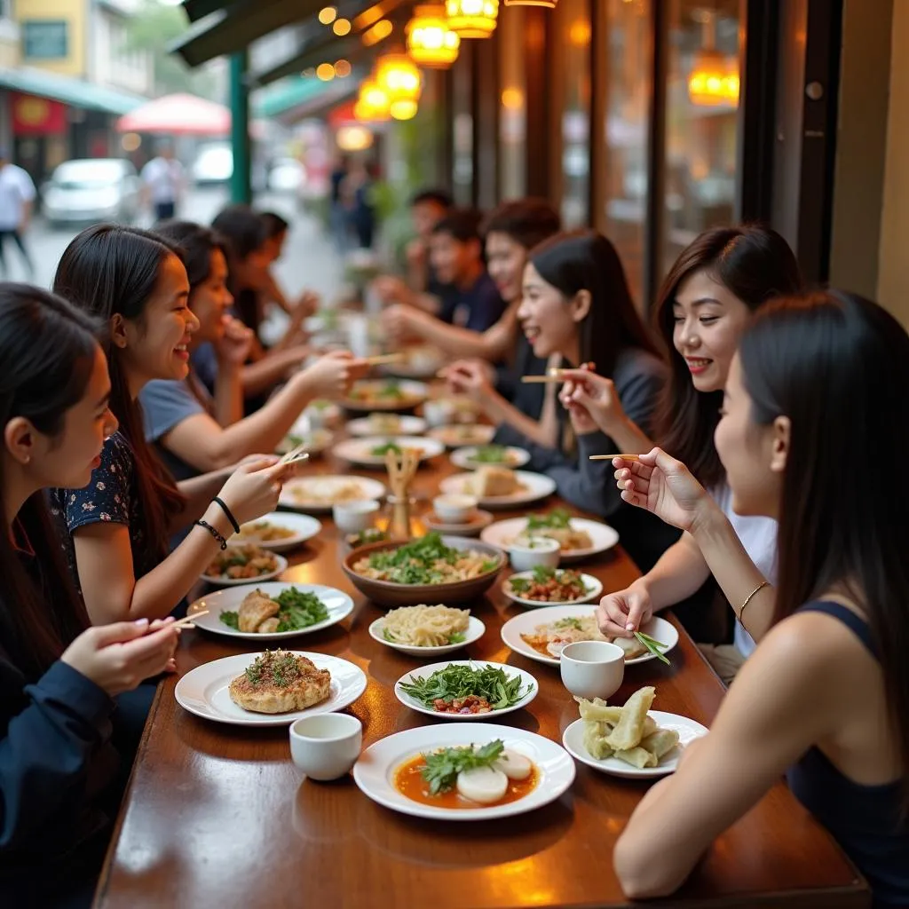 Enjoying authentic Hanoi street food