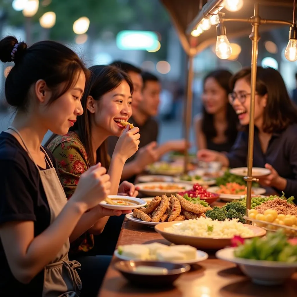 Tourists enjoying a Hanoi street food tour