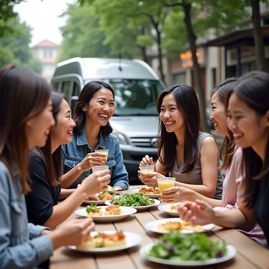 Tourists enjoying a Hanoi street food tour with TRAVELCAR