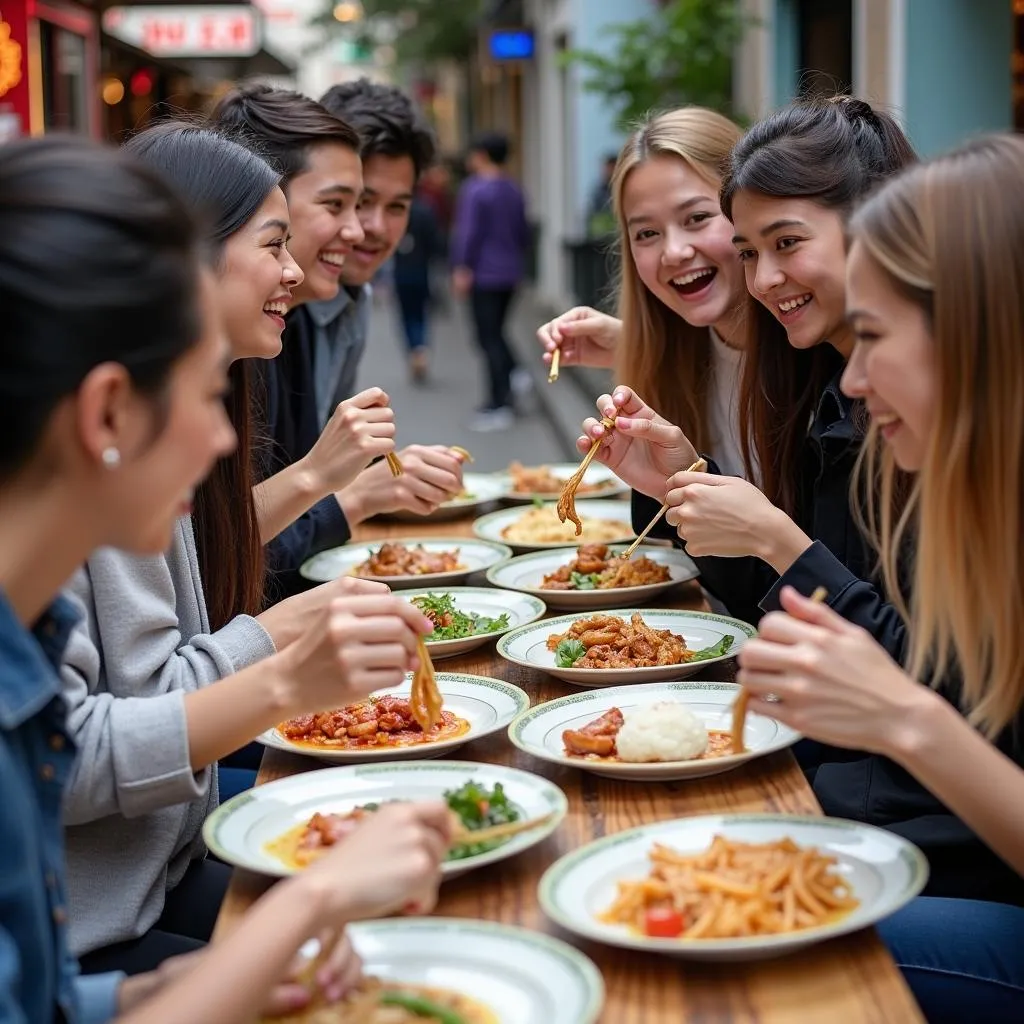 Tourists enjoying Vietnamese food tour in Hanoi with TRAVELCAR