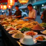 Hanoi street food stalls with various dishes.