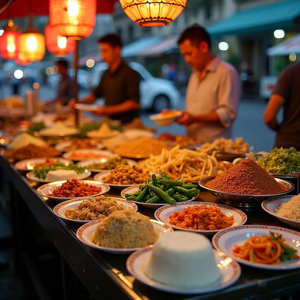 Hanoi street food stalls with various dishes.