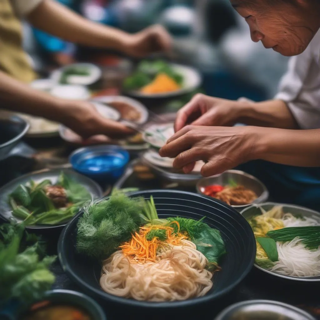 A street food vendor preparing a dish in Hanoi