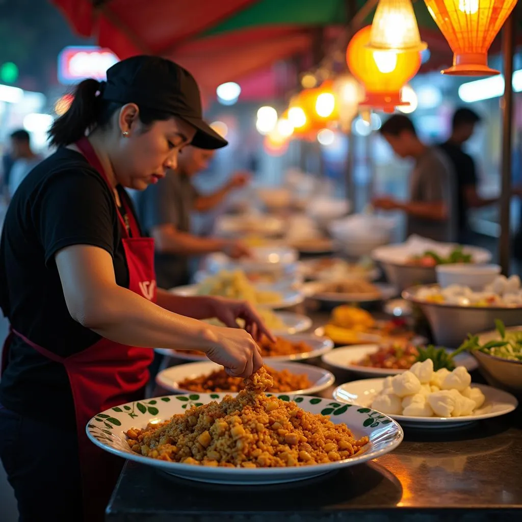 Hanoi street food vendor preparing a dish