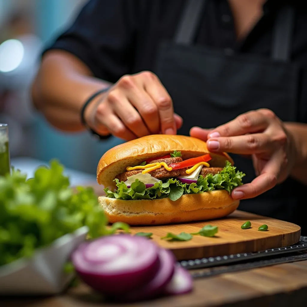 Hanoi street food vendor preparing Banh Mi