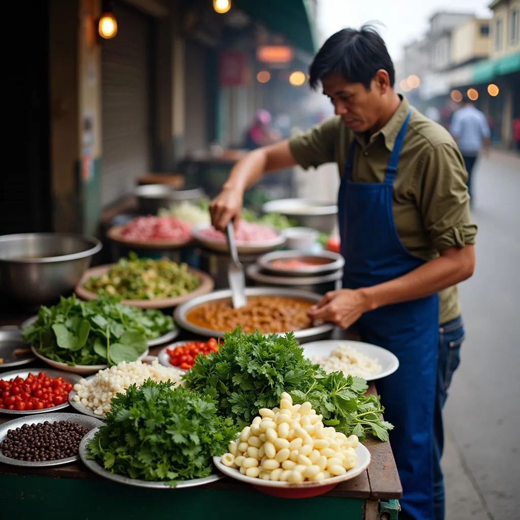 Hanoi Street Food Vendor Preparing Food